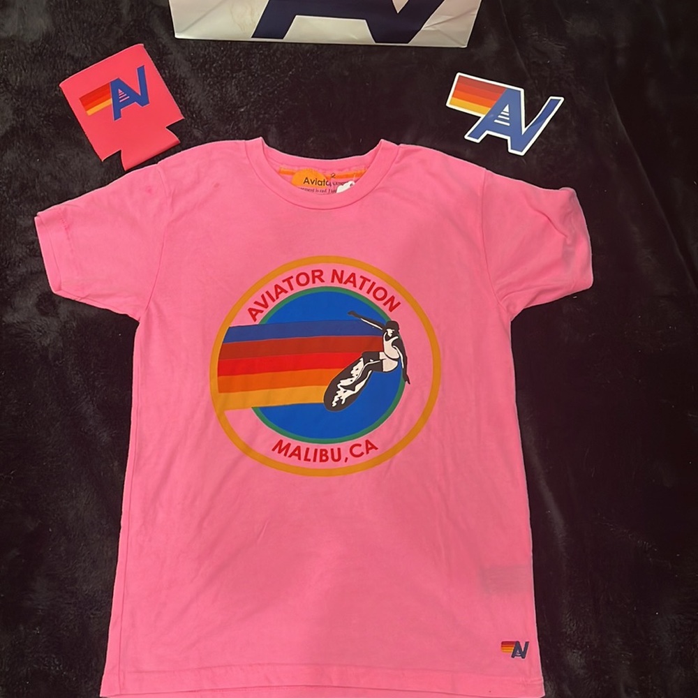 - NWT Kids Aviator Nation T Shirt Malibu Logo tee Size 12 Neon Pink